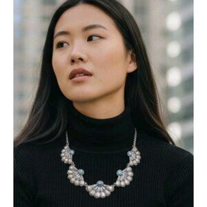 Concho Bib Necklace Burnished Silvertone Faux Tourquise Scalloped Southwestern